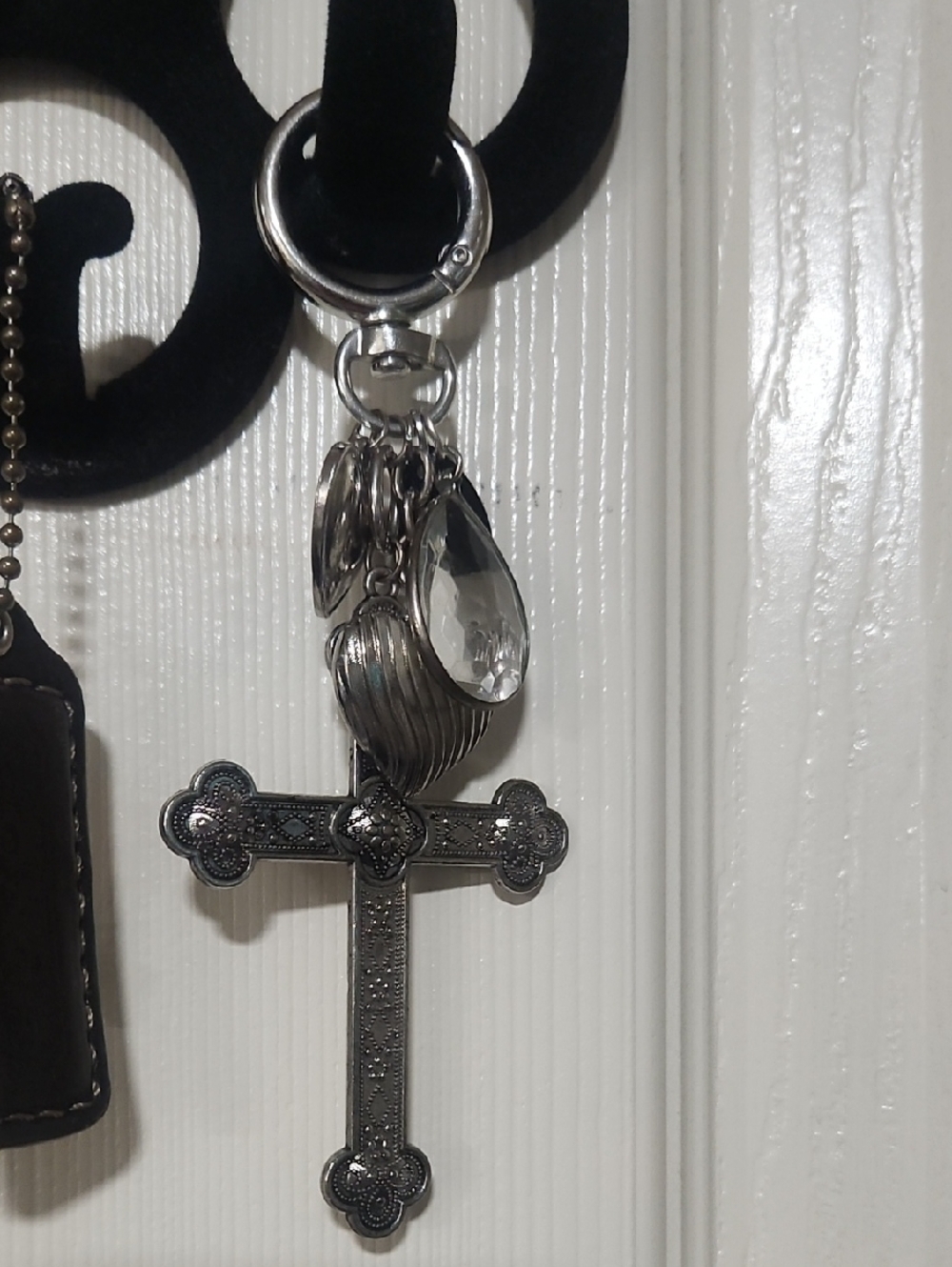Silver Cross and Heart Keychain Or Bag Charm- Women's Accessory With Crystal.